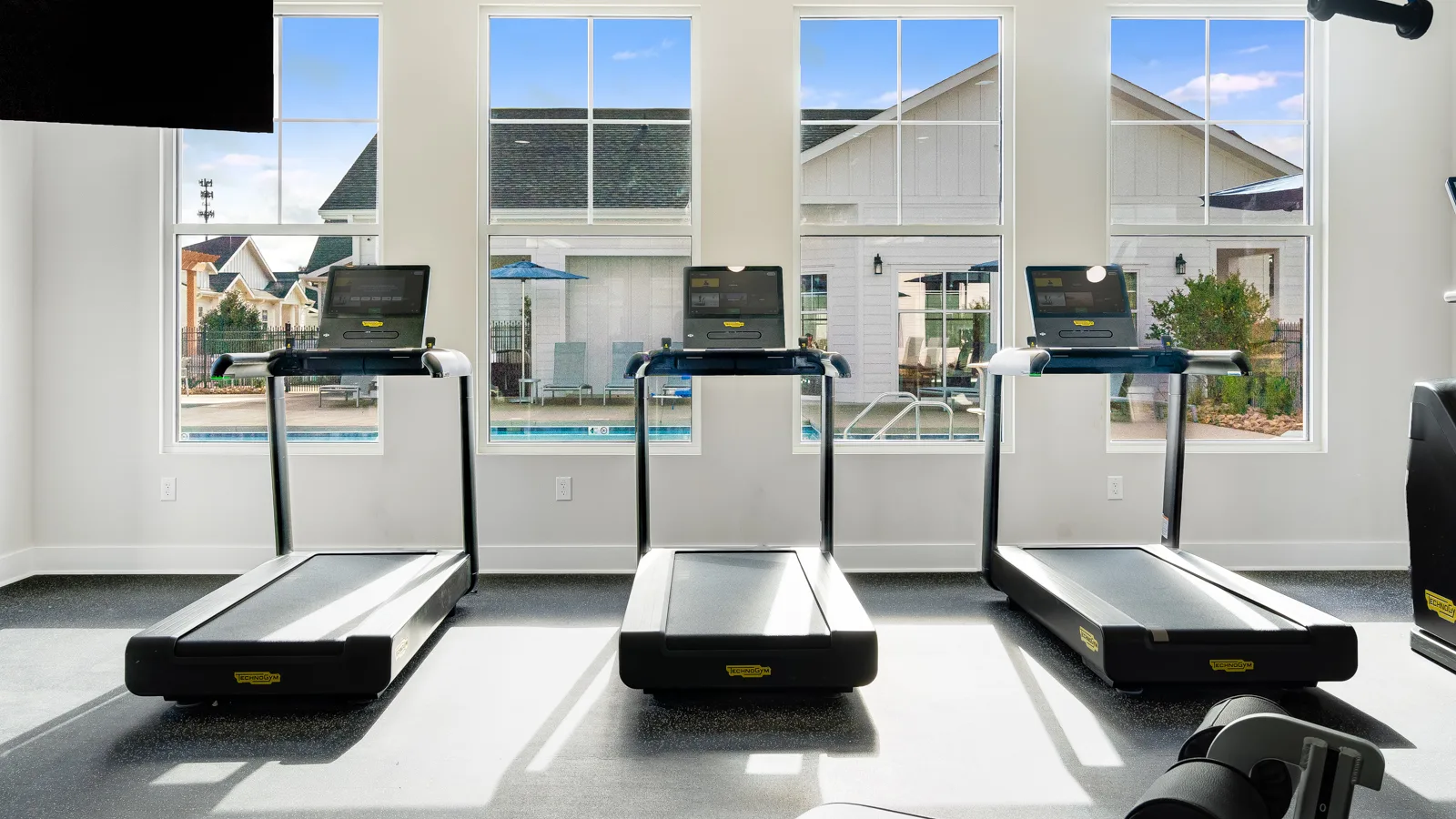 Photo of Yardly Monroe's treadmills in front of a window facing the pool deck fully equipped with Technogym equipment. New pet-friendly apartment homes for rent with private fenced backyards in Monroe, NC, near Charlotte, NC with pool, dog park, gym, and gated community. *No breed or weight restrictions.