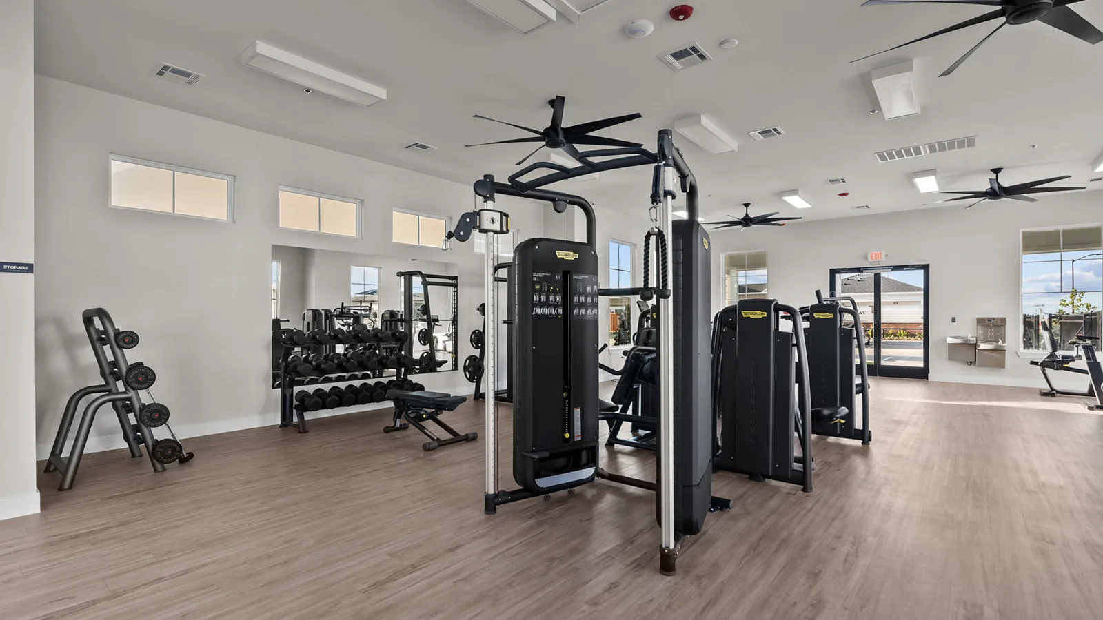 interior photo of Yardly cypress gym of treadmills and bikes. blue sunny sky outside by pool. New pet-friendly apartment homes for rent with private fenced backyards Arizona, Texas, Florida, and North Carolina with pool, pickleball, dog park, gym, clubhouse and gated community. *No breed or weight restrictions.